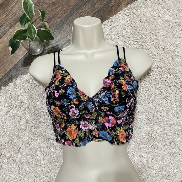 Victoria's Secret PINK Medium Black Vibrant Floral Lace Strappy Smocked Bralette - Picture 2 of 7